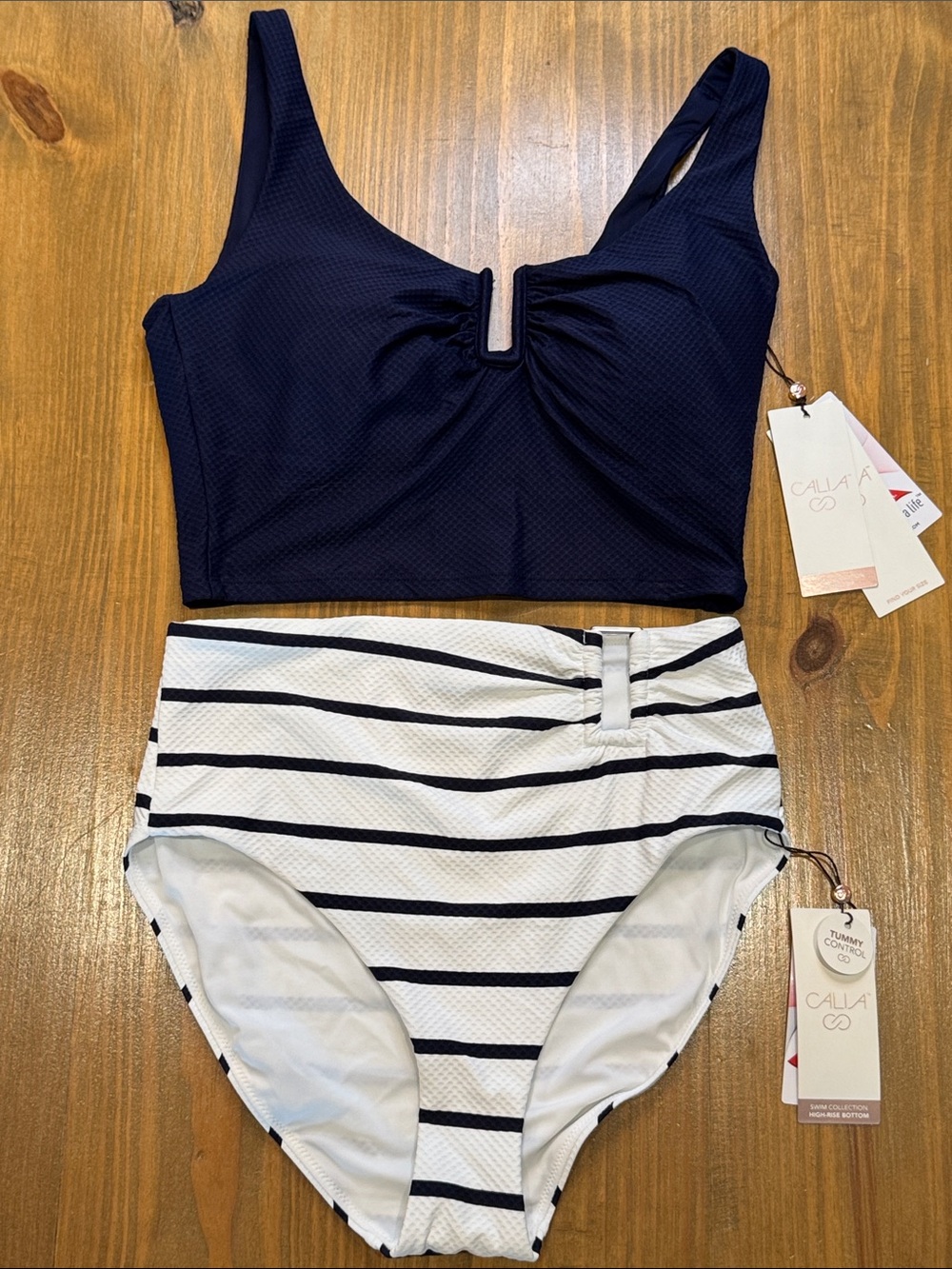 CALIA by Carrie Underwood U bar Opulent Blue & White Stripe Mesh Bikini set